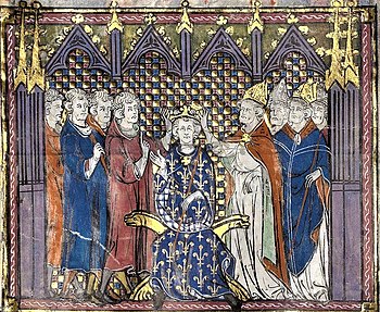Krönung Hugo Capets durch Adalbero von Reims, Darstellung aus dem 14. Jahrhundert