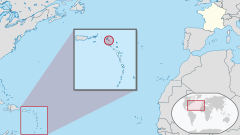 ที่ตั้งของเกาะแซ็ง-บาร์เตเลมี (ในวงกลม) ในหมู่เกาะลีเวิร์ด เทียบกับประเทศฝรั่งเศส (สีขาว มุมขวาบน)