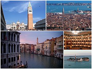 Ett kollage över Venedig: längst upp till vänster är Markusplatsen, följt av vyn över staden, sedan Canal Grande och insidan av operahuset La Fenice, samt ön San Giorgio Maggiore