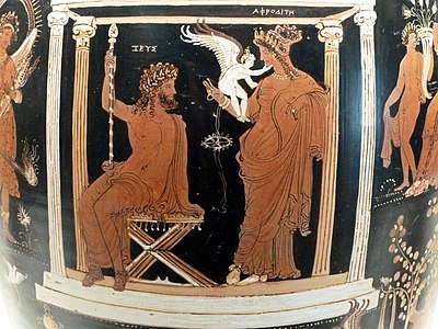Vasemaleri av Zevs som intrigerer med Afrodite for å forføre Leda mens Eros sitter på armen hennes (ca. 330 f.Kr.)
