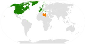 Страны, осуществлявшие бомбардировки Ливии, выделены зелёным, последняя — оранжевым.