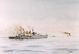 Акварель, що зображає битву. «Ексетер» (HMS Exeter, на передньому плані), «Ахіллес» (HMNZS Achilles, у центрі на задньому плані), «Адмірал граф Шпее» (справа на задньому плані).
