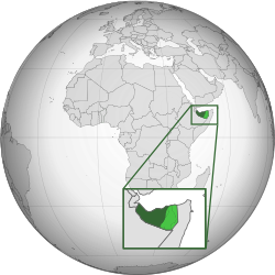 Somaliland's controlled territory is in dark green and territory claimed but not controlled in light green