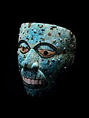 The Mask of Xiuhtecuhtli; 1400–1521; cedrela wood, turquoise, pine resin, mother-of-pearl, conch shell, cinnabar; height: 16.8 cm (6.6 in), width: 15.2 cm (6.0 in); British Museum (London)