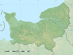 Mapa konturowa Normandii, blisko lewej krawiędzi nieco na dole znajduje się punkt z opisem „Chausey”