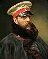 Potret Kaisar Aleksandr II mengenakan mantel besar dan topi dari Resimen Kuda-Pengawal Kekaisaran. sekitar tahun 1.865