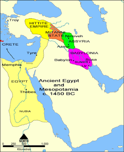 Overview map of the Ancient Near East in the 15th century BC (Middle Assyrian period), showing the core territory of Assyria with its two major cities آشوریلر and Nineveh wedged between بابیل تمدونو downstream (to the south-east) and the states of میتانی and هیتیتلر upstream (to the north-west).
