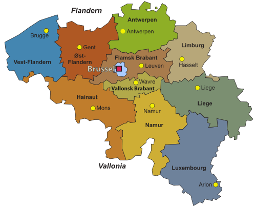 Kart over Belgias regioner og provinser
