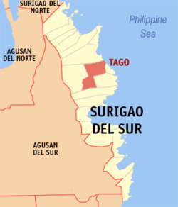 Mapa de Surigao del Sur con Tago resaltado