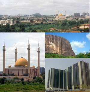 從上順時針：阿布加的天際線、祖瑪岩、奈及利亞中央銀行和阿布加國家清真寺