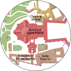 Carte générale de la Cité du Vatican et détail montrant la chapelle Sixtine, lieu de l'élection, et la Domus Sanctae Marthae, résidence où logent les cardinaux électeurs.