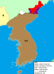 女真・朝鮮係争地（赤色部分が東北六鎮、白色部分が西北四郡）