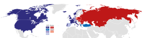 Soyuq Müharibə dövründə NATO (mavi) və Varşava Paktı (qırmızı) dövlətlərinin sərhədləri.