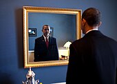Barack Obama takes one last look in the mirror, backstage before going out to take oath of office, Jan. 20, 2009.