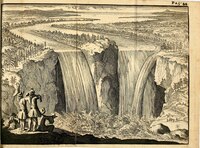 Saut ou chute d'eau de Niagara, qui se voit entre le Lac Ontario, & le Lac Érié, 1698. Le père Hennepin devant les chutes du Niagara - Gravure extraite de Nouvelle découverte d'un très grand pays situé dans l'Amérique entre le Nouveau-Mexique et la mer glaciale