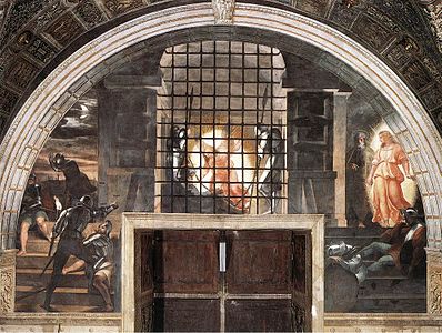 en:Deliverance of Saint Peter label QS:Len,"en:Deliverance of Saint Peter" label QS:Lpl,"Uwolnienie św. Piotra" , 1514 North wall