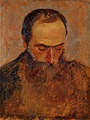 Peinture dans les bruns et ocre représentant une tête de jeune homme de trois-quarts face, baissée, front dégarni, grand nez, longue barbe rousse.