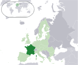 Location of  Metropolitan France  (dark green) – on the European continent  (light green & dark grey) – in the European Union  (light green)  —  [Legend]