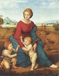 În Fecioara pe pajişte (1506), Rafael a folosit albul pentru a înmuia albastrul ultramarin al robei Fecioarei Maria pentru a echilibra roșul și albastrul și pentru a se armoniza cu restul imaginii.