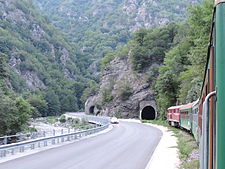 Влак по теснопътната железопътна линия при навлизане в тунел №8 между спирка Цепина и гара Долене.