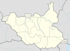 Mapa konturowa Sudanu Południowego, na dole nieco na prawo znajduje się punkt z opisem „Dżuba”