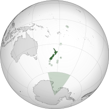 Bản đồ bán cầu có tâm ở New Zealand, sử dụng phép chiếu trực quan.