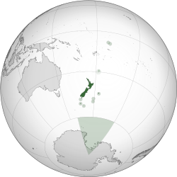 Location of New Zealand, including outlying islands, its territorial claim in the Antarctic, and Tokelau