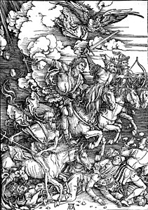 İncil'de sözü edilen Mahşerin Dört Atlısı'nı betimleyen, 1497-98 tarihli ahşap baskı gravür. (Üreten:Albrecht Dürer)