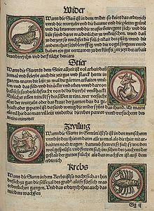 Signes du zodiaque. Gravure sur bois de Johannes Regiomontanus (1512).