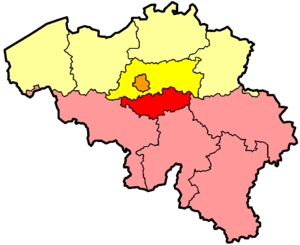 布拉班特省的示意圖，該省現分為弗拉芒布拉班特省（亮黃色）、瓦隆布拉班特省（亮紅色）和布鲁塞尔首都大区（橙色）