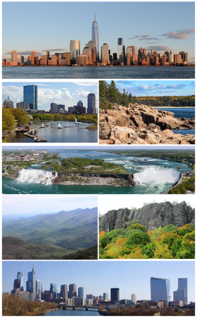 Da esquerda para a direita a partir do topo: Cidade de Nova Iorque, Boston, Parque Nacional de Acadia, Cataratas do Niágara, Montanhas Adirondack, As Palisades, Filadélfia