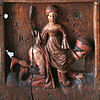 Aristoteles und Phyllis. Holzschnitzerei an einer Kirchenbank in Tallin, frühes 15. Jahrhundert.