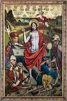 Ressurreição de Cristo (1480), mestre anônimo. A pintura é parte do tríptico do altar na igreja paroquial e de peregrinação de Maria Laach am Jauerling, Baixa Áustria (definição 3 630 × 5 464)