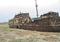 A ship (on a now dry, and desert-like part Aral sea, showing the desertification