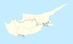 Mapa konturowa Cypru, blisko centrum na prawo znajduje się punkt z opisem „Pirga”