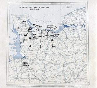 Normandiya Çıkarması haritası. "D-Day" (6 Haziran 1944) saat 24:00'ndeki Müttefik ve Alman birliklerinin konumlarını gösteren bu harita G.S.G.S (General Staff Geographical Section)'nin hazırladığı hava haritasını temele alınıp Mart 1944 tarihli T.I.S (Translation and Interpretation Services) raporunu göz önüne tutularak FUSAG (First US Army Group. sonraki 12. Ordu Grubu) Mühandis Bölümü tarafından hazırlandı. (Üreten: U.S. Twelfth Army Group)