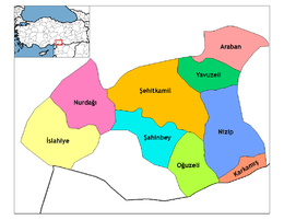 Mapa dos distritos da província de Gaziantepe