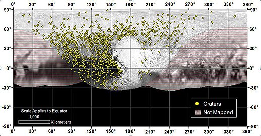 Fordelingen av over 1000 kratere av alle aldre i den nordlige Plutos side fra Charon. Variasjonen i tettheten (ingen funnet i Sputnik Planitia) indikerer en lang historie med varierende geologisk aktivitet. Mangelen på kratere til venstre og høyre skyldes lavoppløsnings dekning. NASA/Johns Hopkins University Applied Physics Laboratory/Southwest Research Institute (10. november 2015)