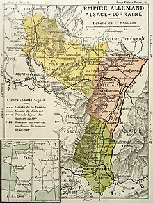 carte gravée en couleurs de l'Alsace-Lorraine de 1871 à 1919