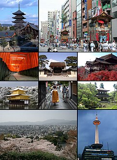 From top left: Tō-ji, Gion Matsuri in modern Kyoto, فوشیمی‌ایناری معبد، Kyoto Imperial Palace, Kiyomizu-dera, کین‌کاکوجي، Ponto-chō and Maiko, Ginkaku-ji, Cityscape from Higashiyama and Kyoto Tower