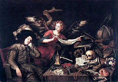 El sueño del caballero, de Antonio de Pereda, ca. 1670; una vanitas donde se denuncia la vacuidad del dinero y toda clase de atractivos mundanos ante lo definitivo de la muerte.