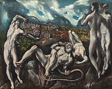 El mito troyano de Laocoonte por El Greco. La escena se vuelve a interpretar de forma casi surrealista en los alrededores de Toledo, con la luz que emana de la desnudez de los cuerpos enigmáticos.[16]​