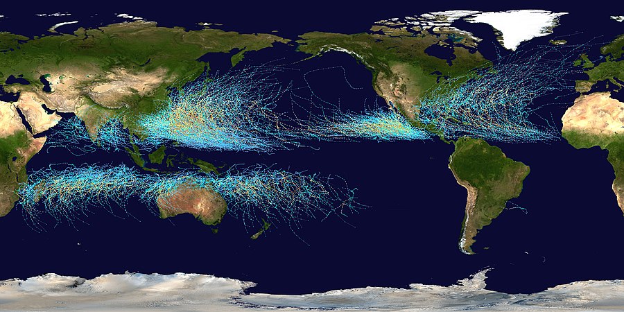 מסלולי כל הסופות הטרופיות שנוצרו בשנים 1985 - 2005
