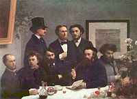 Henri Fantin-Latour: Ett bordshörn ("Un coin de table", oljemålning, 1872). Paul Verlaine sitter längst till vänster med Arthur Rimbaud intill sig.