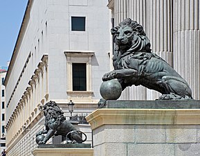 Statues of lions at the Congress of Deputies of Spain (Spain) - Madrid, Spain