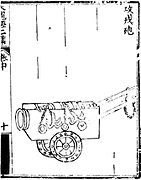 A 'barbarian attacking cannon' as depicted in the Huolongjing. Chains are attached to the cannon to adjust recoil.