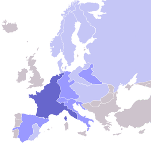 Европа през 1811 г.:   Френската империя   Страни-сателити   Страни, взели участие в континенталната блокада