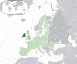 爱尔兰的位置（深綠色） – 歐洲（綠色及深灰色） – 歐洲聯盟（綠色）  —  [圖例放大]