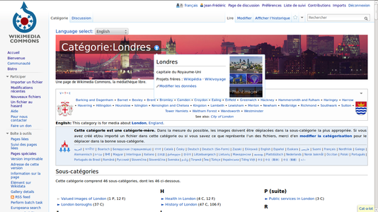 Example screenshot on Category:London of the Javascript 'interproject.js', with hover drop-down