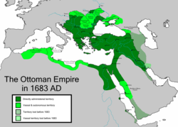 Lãnh thổ cực thịnh của Đế quốc Ottoman dưới thời trị vì của Sultan Mehmed IV vào năm 1683   Lãnh thổ do triều đình Ottoman quản lí trực tiếp   Lãnh thổ do các chư hầu quản lí riêng   Lãnh thổ Ottoman bị mất trước năm 1683   Lãnh thổ của các chư hầu bị mất trước năm 1683 Còn một số lãnh thổ du mục của Ottoman cai quản nhưng không được đề cập